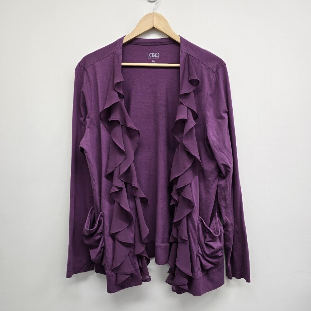 Logo Lori Goldstein Open Front Ruffle Cardigan Size XL Stretch Cotton Modal